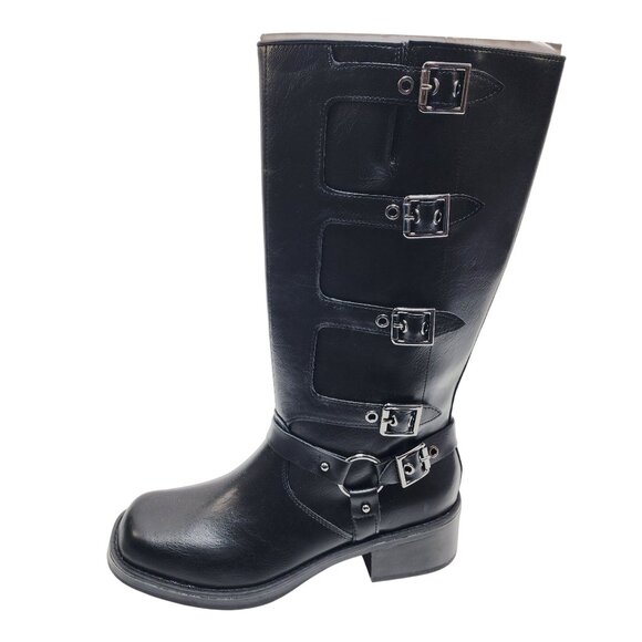 Wild Diva Black Knee-High Buckle Boots Size 11 With Side Zipper Faux Leather - Picture 1 of 9